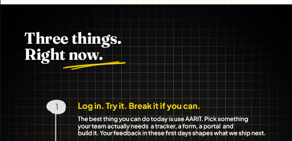 Three things. Right now. 1: Log in. Try it. Break it if you can.